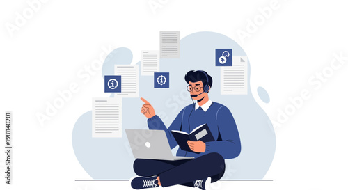 Man with Headphones and Laptop Learning Online, Documents Floating