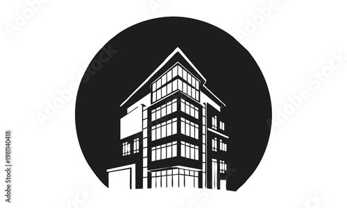 A sleek modern house illustration showcases architecture in a black circle on white background
