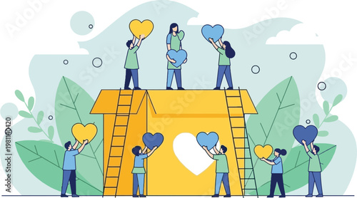 Teamwork and Charity Concept with Volunteers Building Shelter, Holding Heart Symbols, Community Support, Kindness and Social Care Vector Illustration