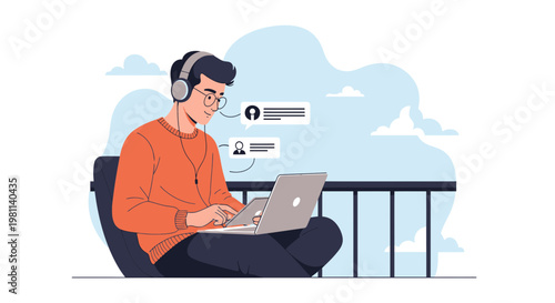 Man with headphones working on laptop outdoors, online communication concept