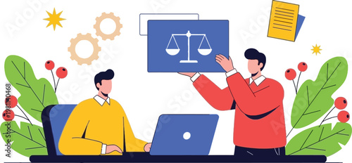 Legal Consultation and Law Services Concept with Lawyers Discussing Justice Scales, Online Advice, Documentation and Professional Legal Support Vector Illustration
