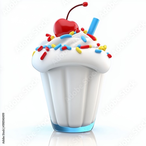 Creamy Milkshake with Sprinkles and Cherry on White Background