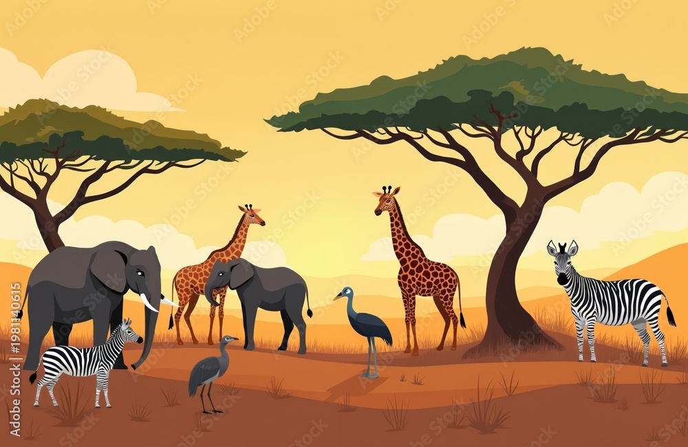 Fototapeta premium Cartoon savanna landscape with elephants, giraffes, zebras and birds under acacia trees at sunset. Diverse african wildlife in natural habitat.