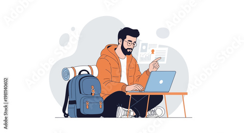 Man with laptop and backpack working remotely, digital nomad lifestyle, travel concept