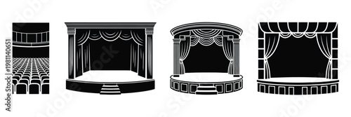 Theater stage vector set, four black and white illustrations featuring stage curtains and spotlights, ideal for performance, drama, and entertainment-themed design projects.
