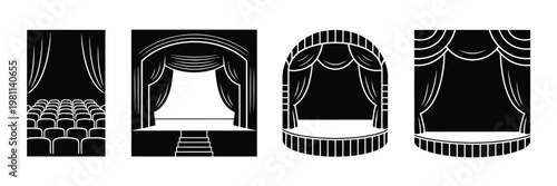 Theater stage vector set, four black and white illustrations featuring stage curtains and spotlights, ideal for performance, drama, and entertainment-themed design projects.