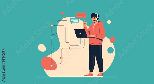 Man with Laptop and Headphones, Chat Bubbles, Communication Concept