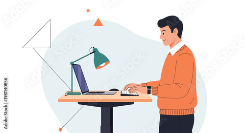 Man working at a standing desk with laptop, promoting healthy work habits