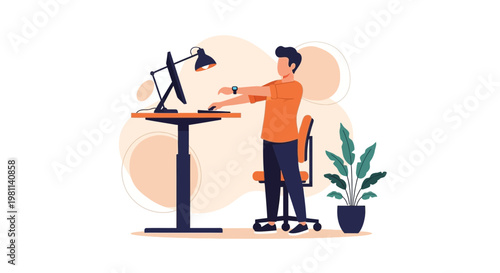 Man working at a standing desk, stretching, healthy lifestyle, home office, modern workspace