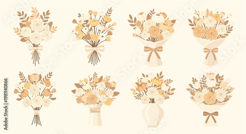 Beige Floral Bouquet Vector Collection. Elegant Earth Tone Flower Arrangements Illustration. Minimalist Boho Botanical Design Elements.