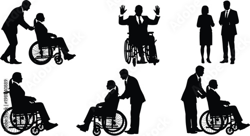 Silhouette disabled people in wheelchair with caregivers support assistance inclusive society disability care medical aid teamwork vector illustration set