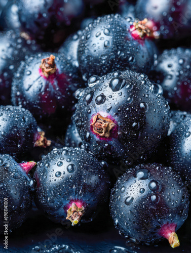 Fresh ripe blackcurrants with water droplets glistening on their smooth dark skins, showcasing the juicy, natural texture of healthy summer berries in vibrant detail