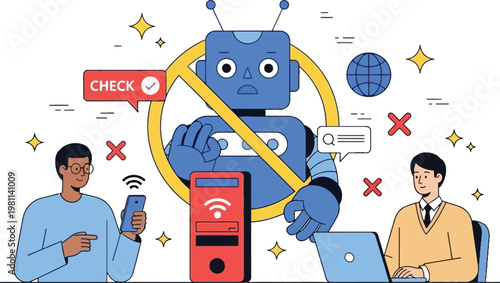 AI Security and Spam Detection Concept with Robot Blocking Threats, Safe Internet Usage, Mobile Protection and Cybersecurity Technology Vector Illustration