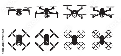 Quadcopter drone vector icons collection with different camera styles and top view propeller layouts.