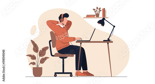 Man working from home with headphones and laptop, comfortable home office setup