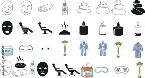 Spa and Wellness Icons Set with Massage Tools, Facial Care Elements, Relaxation Symbols, Beauty Treatment Equipment, and Self Care Vector Collection