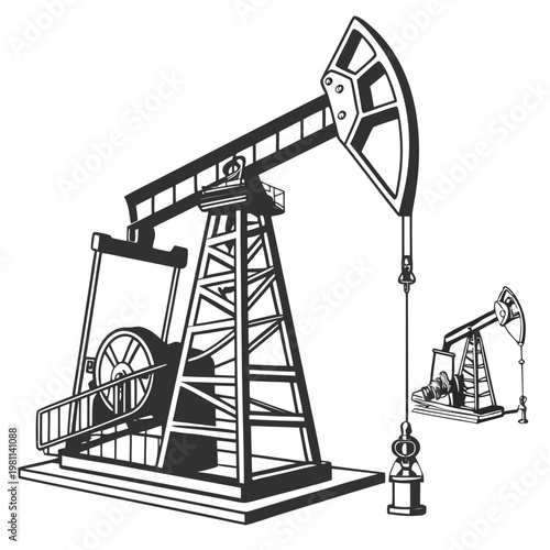 A detailed black and white illustration showcases two oil pumps commonly known as rocking horses extracting resources from the earth high quality