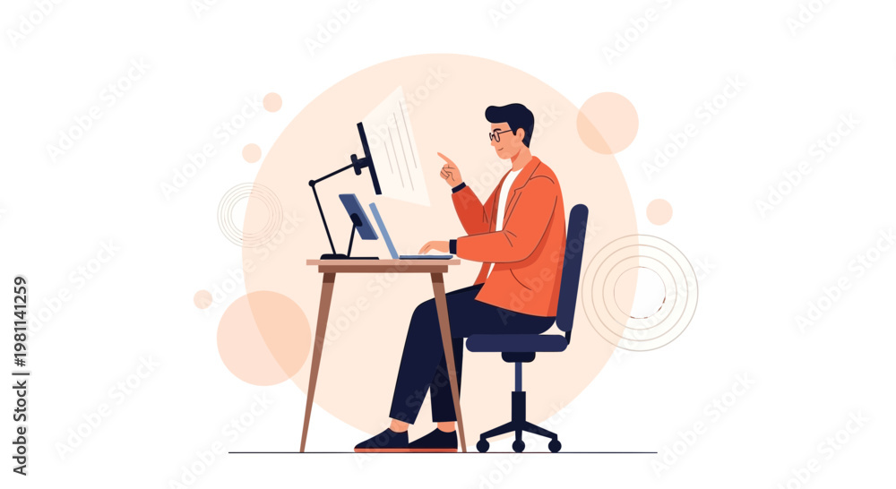 Fototapeta premium Man Working on Laptop and Computer at Desk, Focused on Screen, Modern Office Illustration