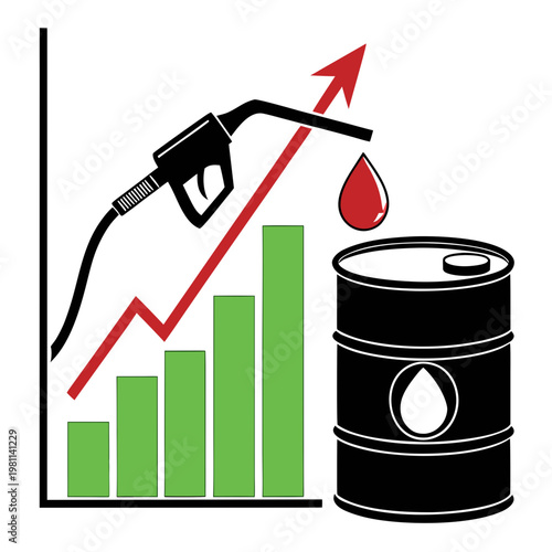 A graphic illustration depicts a rising trend in fuel prices symbolized by a gas pump increasing graph and oil barrel high quality