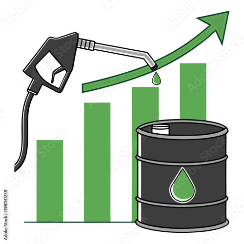 An illustration depicts a rising trend in oil prices symbolized by a fuel pump nozzle and increasing bar graph high quality professional
