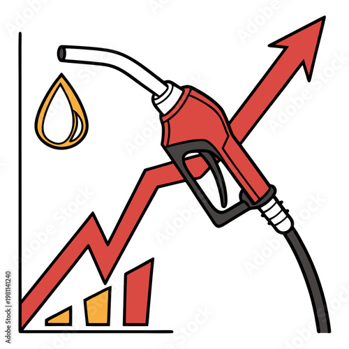 An illustration depicts a red gas pump nozzle alongside a rising graph symbolizing increasing fuel prices and energy costs high quality professional