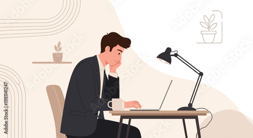 Man in Suit Working on Laptop at Desk, Feeling Tired or Stressed
