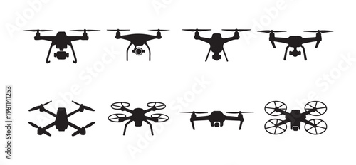 Set of eight modern quadrocopter drones, various flying remote controlled drone silhouettes.