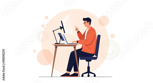 Man Working on Laptop and Computer at Desk, Focused on Screen, Modern Office Illustration