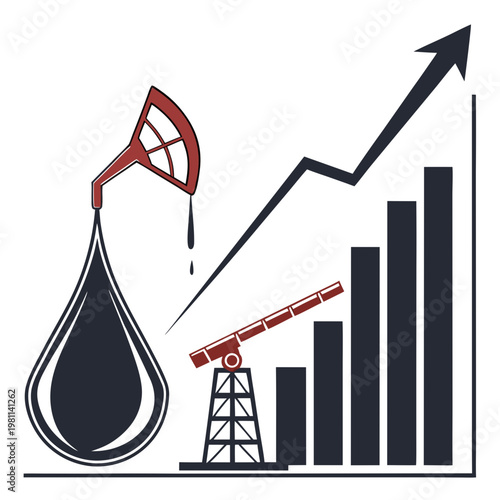 This illustrative image depicts the correlation between rising oil prices represented by a graph and oil production infrastructure high quality professional detailed