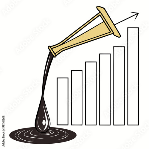 A golden horn pours a dark liquid onto a pool positioned above a series of increasing bar graphs high quality professional detailed
