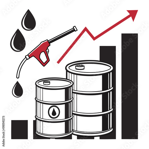Rising oil prices are depicted with a fuel pump oil droplets barrels and a graph showing an upward trend high quality professional