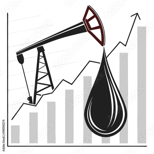 An illustration depicts an oil pump alongside a rising graph and a large oil droplet symbolizing energy market growth high quality professional