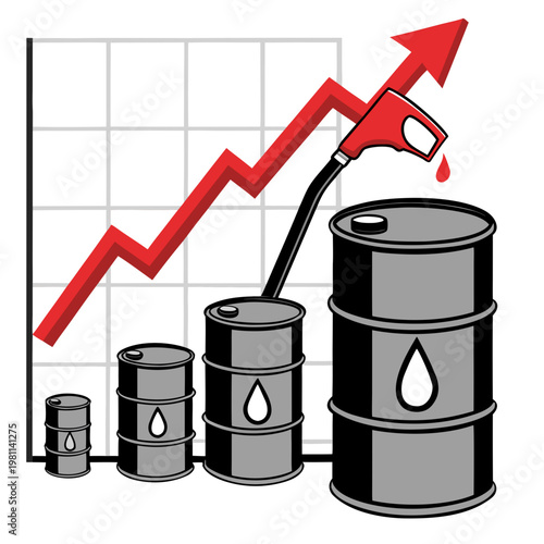 A graphic depicts rising fuel costs with a red line chart ascending above oil barrels symbolizing increasing prices and energy market trends