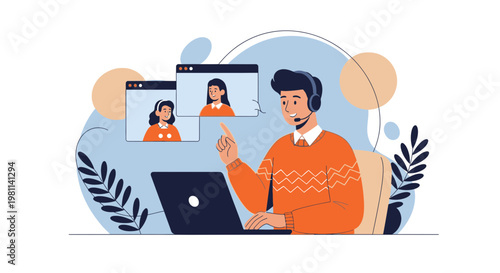 Man in video conference with headset and laptop, communicating with colleagues online