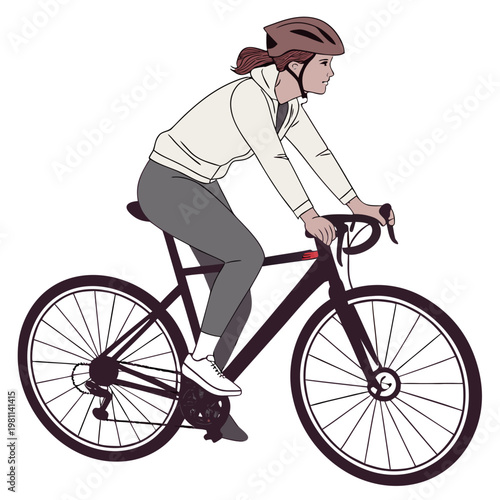 A digital illustration depicts a cyclist wearing a helmet and athletic clothing riding a sleek modern road bike with drop handlebars