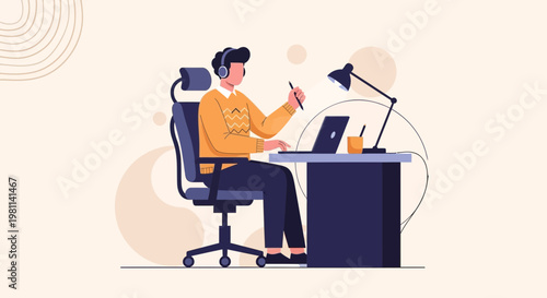 Man working on laptop at desk with headphones, illustration