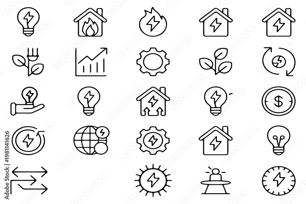 Fototapeta premium Collection of black outline representing energy, electricity, and sustainability concepts renewable energy