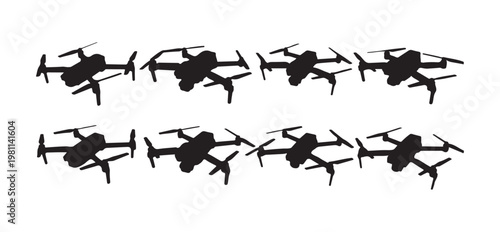 Flying drone animation sequence frames showing various angles of unmanned aerial vehicle flight motion.