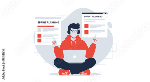 Man planning sprint on laptop, agile methodology, teamwork, project management