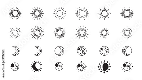 Bohemian sun and moon phases collection featuring celestial celestial doodles for mystical astrology.