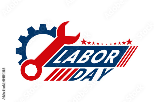 Labor Day Patriotic Graphic with Wrench Gear and Stars. Labor Day Logo Design vector template
