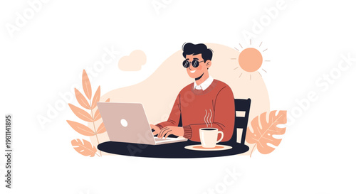 Man working on laptop outdoors with coffee and plants, sunny day