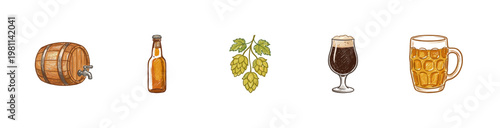 Craft Beer Brewery and Oktoberfest Elements with Colorful Crayony Pencil Texture and Detailed Engraving Aesthetic