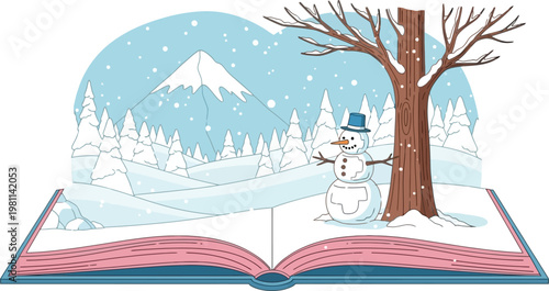 Winter Pop Up Book Scene with Snowman, Snowfall Landscape, Mountains and Forest, Creative Storytelling and Holiday Season Vector Illustration