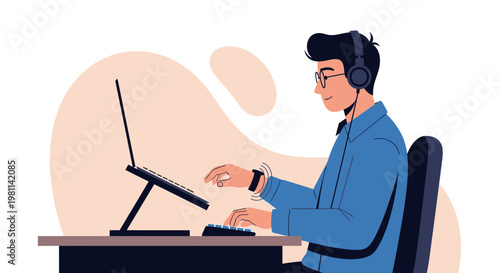 Man working on laptop with headphones, focused on coding or design, modern workspace