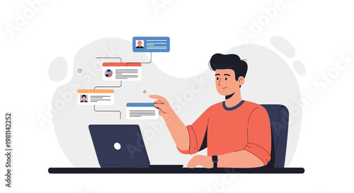 Man working on laptop, managing online profiles and data, digital workflow concept