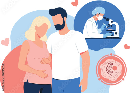 Expecting Couple with Pregnancy Care Concept, IVF Treatment, Fertility Research, Embryo Development and Reproductive Healthcare Medical Vector Illustration