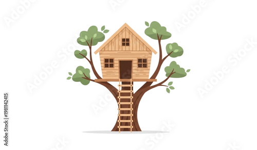 Tree house flat vector illustration wooden nature playhouse isolated on white