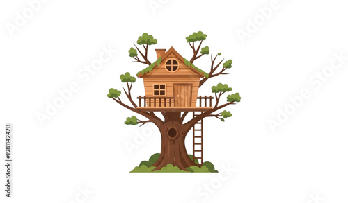 Tree house flat vector illustration cozy nature playhouse design