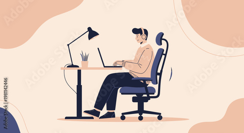 Man Working Remotely on Laptop at Desk with Headphones and Desk Lamp